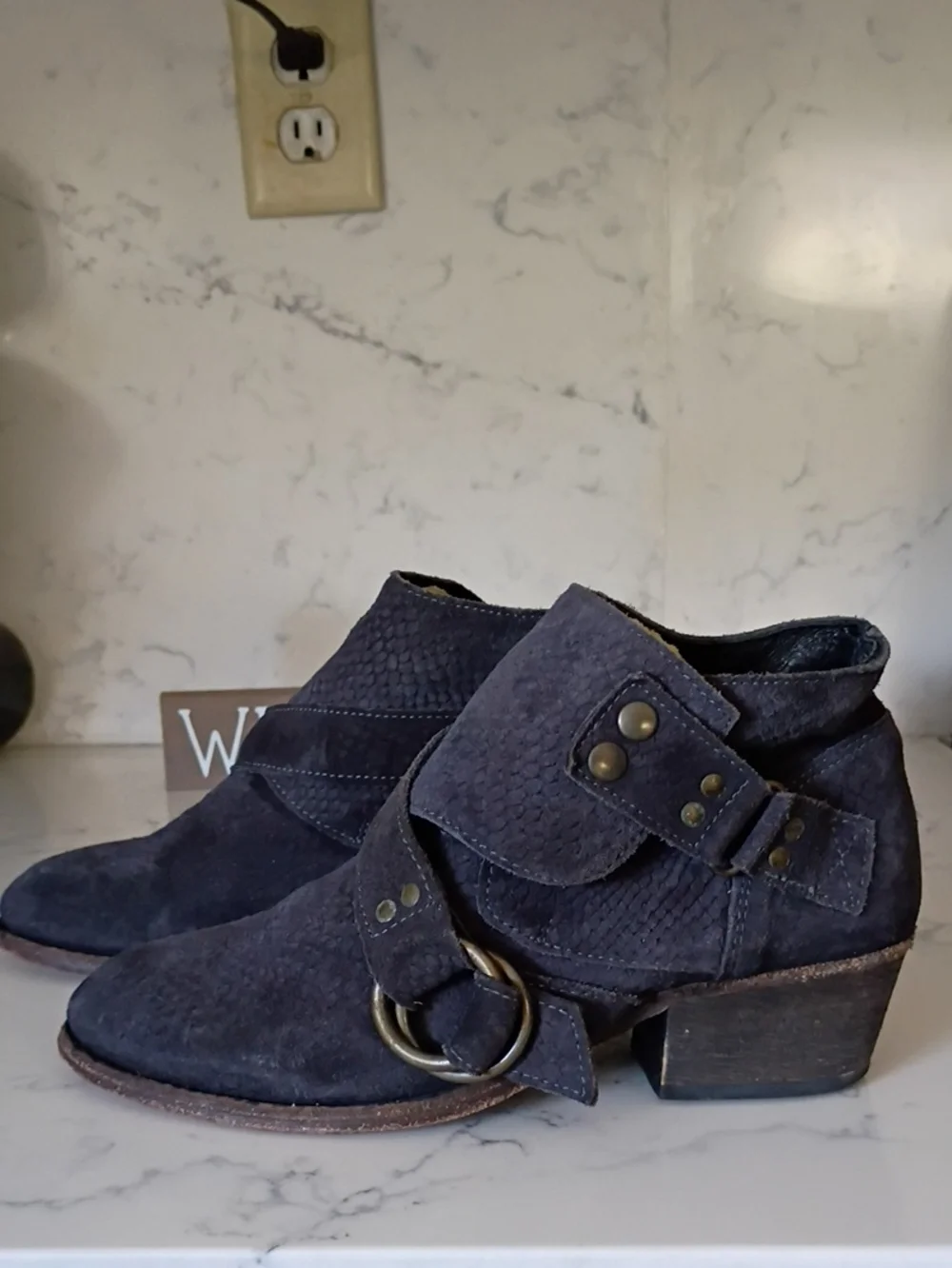 Free People Dark Gray Suede Buckle Ankle Booties